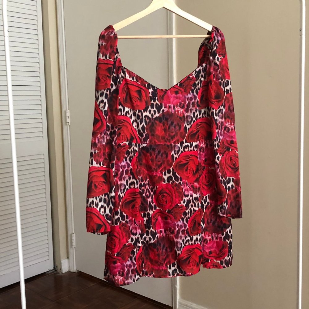 Missguided Red & Pink Rose Print Mini Dress